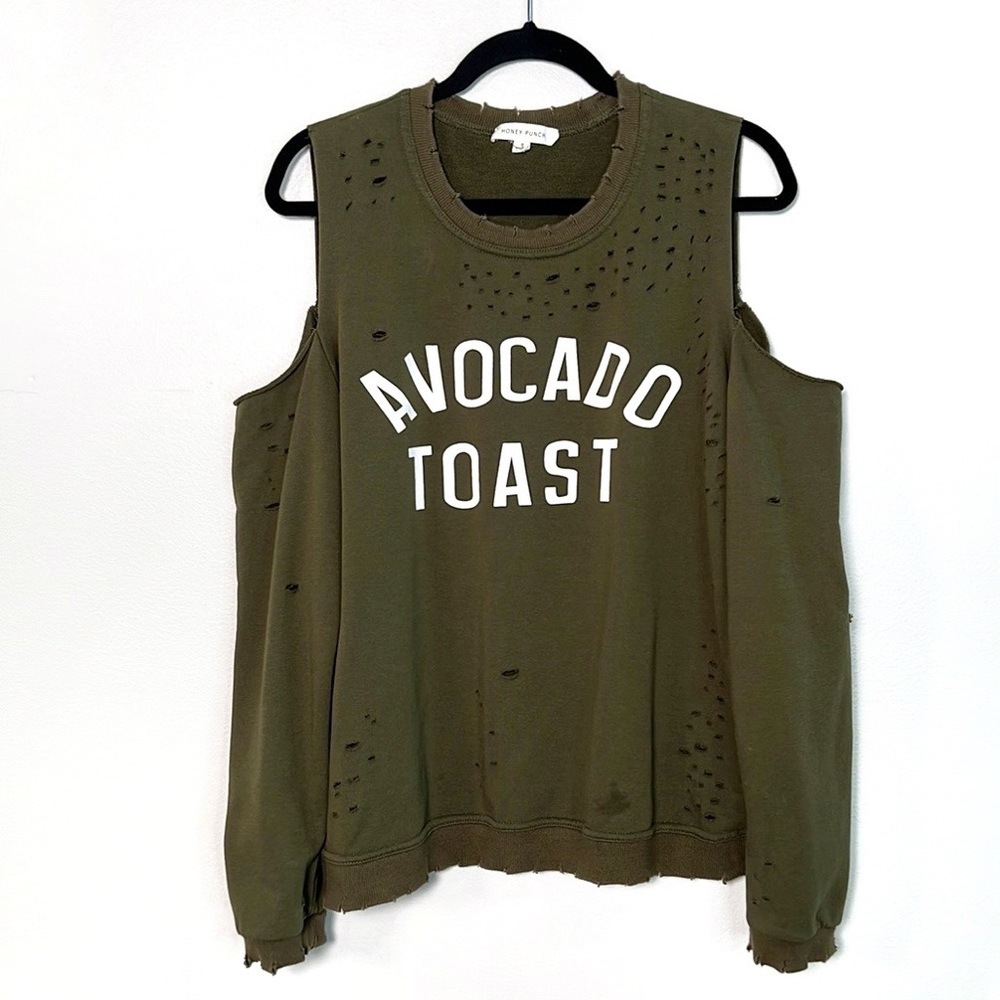 HONEY PUNCH Avocado Toast Distressed Cold Shoulder Oversized Sweatshirt Small